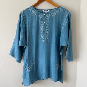 NWT 100% Silk Embroidered Pop Over Tunic Blue/White, XL